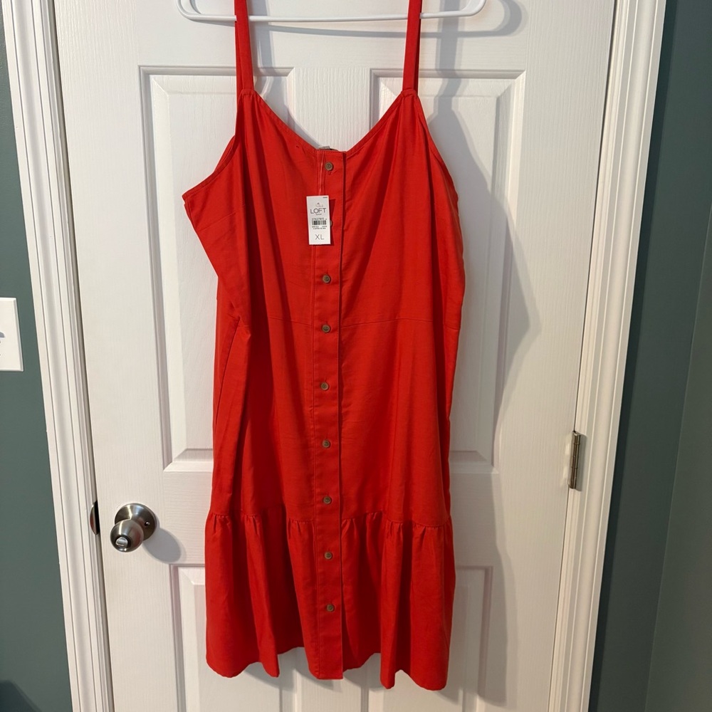 LOFT Red Button-Front Midi Dress